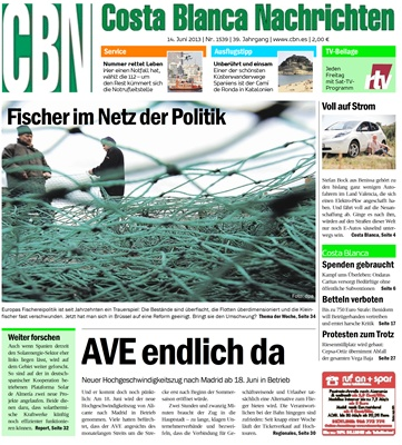 Titelblatt der "Costa Blanca Nachrichten" vom 14.06.2013
